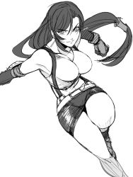 Rule 34 | 1girl, armpits, asu (asoras), belt, boots, breasts, cleavage, crop top, earrings, final fantasy, final fantasy vii, gloves, greyscale, jewelry, large breasts, lips, long hair, looking at viewer, midriff, monochrome, overall shorts, overalls, short shorts, shorts, simple background, sketch, solo, square enix, straight hair, tank top, tifa lockhart, white background