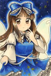 Rule 34 | 1girl, blue bow, blue skirt, blue vest, blunt bangs, bow, brown eyes, brown hair, collared shirt, commentary request, fairy, fairy wings, frilled skirt, frills, hair bow, highres, hime cut, juliet sleeves, long hair, long sleeves, maa (forsythia1729), marker (medium), puffy sleeves, shirt, sidelocks, skirt, skirt hold, star sapphire, touhou, traditional media, very long hair, vest, white shirt, wide sleeves, wings