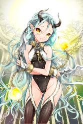 Rule 34 | 1girl, aqua hair, bad id, bad pixiv id, bare shoulders, black thighhighs, breasts, chain, chimera lime, collar, contrapposto, crossed arms, cuffs, dagger, demon girl, dual wielding, earrings, facial mark, forehead mark, from below, garter straps, green hair, groin, hair between eyes, head tilt, highleg, highleg leotard, holding, holding weapon, horns, jewelry, juna, knife, leotard, lock, long hair, looking at viewer, orb, original, padlock, padlocked collar, pointy ears, raised eyebrows, short eyebrows, small breasts, smile, solo, standing, sword girls, thighhighs, tree, very long hair, wavy hair, weapon, yellow eyes