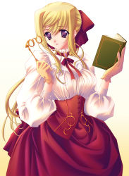Rule 34 | 1girl, :p, absurdres, blonde hair, book, bow, breasts, buttons, carnelian, choker, corset, dress, unworn eyewear, formal, frontier, gem, glasses, gloves, gradient background, hair bow, highres, holding, holding removed eyewear, jewelry, large breasts, long hair, looking at viewer, pince-nez, ponytail, purple eyes, ribbon, scan, sidelocks, solo, standing, tongue, tongue out, turtleneck, very long hair