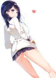 Rule 34 | 10s, 1girl, bad id, bad pixiv id, black hair, black skirt, blue eyes, blush, cardigan, dutch angle, earphones, from behind, gridman universe, hands in pockets, heart, highres, legs, long sleeves, looking at viewer, looking back, recotasan, short hair, simple background, skirt, solo, ssss.gridman, standing, sweater, takarada rikka, white background, white cardigan, white sweater