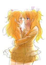 Rule 34 | 10s, 2girls, blazer, blonde hair, blue eyes, blush, eye contact, green eyes, hands on another&#039;s face, houjou hibiki, hug, jacket, long hair, looking at another, minamino kanade, multiple girls, ooshima tomo, precure, school uniform, smile, suite precure, twintails, two side up, yuri