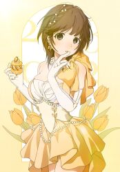 Rule 34 | amagami, bare shoulders, breasts, brown eyes, brown hair, cleavage, cream, cream on face, cupcake, dress, earrings, elbow gloves, food, food on face, gloves, highres, holding, holding food, jewelry, large breasts, licking, licking finger, medium hair, off-shoulder dress, off shoulder, sakurai rihoko, usurai rairai, white gloves, yellow dress