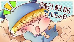 Rule 34 | 1boy, ^ ^, arms up, blonde hair, blue hat, blue pajamas, blush, blush stickers, closed eyes, commentary request, dated, happy, hat, male focus, mini person, miniboy, mirumo, mirumo de pon!, nightcap, notice lines, open mouth, pajamas, pi no 0320, short hair, solo