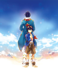 Rule 34 | 00s, 2boys, aged down, aged up, back-to-back, blue hair, dual persona, gradient background, height difference, kuroemon, male focus, multiple boys, outdoors, simon (ttgl), sky, smile, tengen toppa gurren lagann
