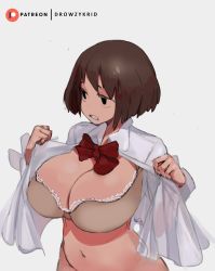 Rule 34 | absurdres, ass, bob cut, bra, breasts, brown hair, flashing, full body, happy, highres, huge ass, huge breasts, krid, midriff, mob face, navel, solid eyes, solid oval eyes, stomach, thick thighs, thighs, underwear, white background, wide hips, wide hips