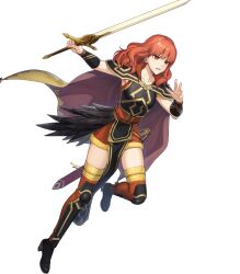 Rule 34 | 1girl, attack, black footwear, boots, breasts, cape, celica (fire emblem), celica (warrior princess) (fire emblem), celica (warrior princess) (resplendent) (fire emblem), fire emblem, fire emblem echoes: shadows of valentia, fire emblem heroes, highres, holding, holding sword, holding weapon, medium breasts, medium hair, nintendo, non-web source, official alternate costume, official art, pelvic curtain, red eyes, red hair, running, shoulder pads, solo, sword, teeth, thigh boots, wavy hair, weapon, yellow cape