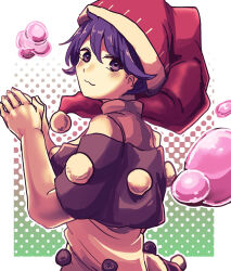 Rule 34 | 1girl, :3, apapo, blush, closed mouth, commentary request, doremy sweet, dream soul, dress, halftone, halftone background, hat, highres, long hair, looking at viewer, nightcap, outline, pom pom (clothes), purple eyes, purple hair, red hat, short hair, smile, solo, touhou, upper body, white dress, white outline