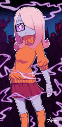 Rule 34 | 1girl, boogy (mnmnjuguna), closed mouth, cosplay, crossover, glasses, hair over one eye, highres, little witch academia, long hair, looking at viewer, one eye covered, pink eyes, purple hair, scooby-doo, skirt, standing, sucy manbavaran, sweater, text focus, thighhighs, velma dace dinkley, velma dace dinkley (cosplay)