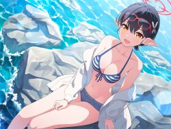 Rule 34 | 1girl, :d, absurdres, ayane (blue archive), bare legs, black hair, blue archive, blush, breasts, brown eyes, cleavage, collarbone, day, denim, denim shorts, eyewear on head, glasses, hair ornament, halo, highres, jacket, looking at viewer, medium breasts, navel, ocean, open mouth, outdoors, pointy ears, rankebu, red-framed eyewear, rock, short shorts, shorts, sitting, smile, solo, swimsuit, white jacket