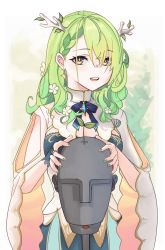 Rule 34 | 1girl, antlers, binaural microphone, blue bow, bow, braid, breasts, ceres fauna, cleavage, cleavage cutout, clothing cutout, dme1, earrings, flower, green hair, hair flower, hair ornament, hair over one eye, highres, hololive, hololive english, horns, jewelry, long hair, looking at viewer, medium breasts, microphone, mole, mole under eye, nail polish, open mouth, ribbon, simple background, single braid, solo, teeth, upper body, upper teeth only, virtual youtuber, yellow eyes