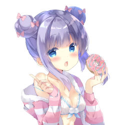 Rule 34 | 1girl, bikini, bikini under clothes, blue eyes, blush, bow, breasts, cleavage, collarbone, commentary request, double bun, doughnut, food, fur-trimmed jacket, fur trim, hair bow, hair bun, hands up, holding, holding food, hood, hood down, hooded jacket, jacket, long hair, long sleeves, medium breasts, multiple hair bows, off shoulder, open clothes, open jacket, open mouth, original, puffy long sleeves, puffy sleeves, purple hair, saeki sora, sidelocks, simple background, sleeves past wrists, solo, swimsuit, upper body, white background, white bikini