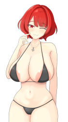 Rule 34 | 1girl, ;), ;3, absurdres, areola slip, bikini, black bikini, blush, breasts, cleavage, closed mouth, collarbone, cowboy shot, hand up, highres, horikawa raiko, huge breasts, jewelry, large areolae, looking at viewer, navel, necklace, one eye closed, red eyes, red hair, rh thunderriver, short hair, simple background, smile, solo, swimsuit, thighs, touhou, white background
