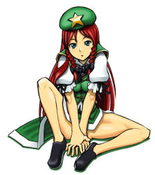Rule 34 | 1girl, arm support, bare legs, beret, blue eyes, braid, chestnut mouth, chinese clothes, hair ribbon, hand on hand, hat, hong meiling, kagehito, long hair, looking at viewer, puffy short sleeves, puffy sleeves, red hair, ribbon, shoes, short sleeves, sitting, solo, star (symbol), tangzhuang, thighs, touhou, tress ribbon, twin braids