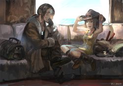 Rule 34 | 1boy, 1girl, boots, breasts, brown hair, closed mouth, cowboy hat, dress, final fantasy, final fantasy viii, flipped hair, gloves, green eyes, hat, irvine kinneas, jacket, jewelry, necklace, open mouth, sasumata jirou, selphie tilmitt, short hair, skirt, sleeveless duster, smile, square enix, yellow overalls, yellow skirt