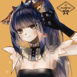 Rule 34 | 1girl, alternate costume, animal ear fluff, animal ears, arknights, arm up, armpits, black gloves, blue hair, blue hairband, blush, breasts, brown eyes, cat ears, chinese commentary, cleavage, commentary request, frills, gloves, hairband, haitaixiaobinggan sedge, head tilt, highres, jessica (arknights), long hair, looking at viewer, medium breasts, orange background, simple background, smile, solo, upper body