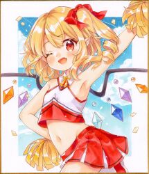 Rule 34 | 1girl, arm up, blonde hair, blush, cheering, cheerleader, cowboy shot, crystal, fang, flandre scarlet, holding, holding pom poms, long hair, mimi (mimi puru), navel, one eye closed, one side up, open mouth, pom pom (cheerleading), pom poms, red eyes, red skirt, skin fang, skirt, smile, solo, touhou, traditional media, wings