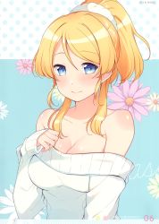 Rule 34 | 1girl, 6u (eternal land), absurdres, ayase eli, bare shoulders, blonde hair, blue background, blue eyes, blush, bow, breasts, cleavage, closed mouth, collarbone, floral background, flower, hair bow, hand up, highres, long hair, long sleeves, looking at viewer, love live!, love live! school idol project, medium breasts, polka dot, polka dot background, ponytail, scan, shiny skin, simple background, sleeves past wrists, smile, solo, sweater, upper body