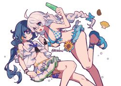 Rule 34 | 2girls, ahoge, anchor, bare shoulders, bikini, black bikini, blue bikini, blue bow, blue eyes, blue footwear, blue hair, bow, braid, breasts, cleavage, commentary, earrings, food, frilled bikini, frills, fu hua, grey hair, hair bow, highres, holding, holding food, holding hands, honkai (series), honkai impact 3rd, jewelry, kiana kaslana, long hair, low twintails, meadow (morphinecaca), medium breasts, mismatched bikini, multiple girls, navel, popsicle, sandals, seashell, shell, simple background, single braid, swimsuit, symbol-only commentary, twintails, twitter username, very long hair, white background, white bikini, white bow