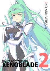 Rule 34 | 1girl, absurdres, anniversary, aqua eyes, aqua hair, breasts, cat with a brush, cleavage, copyright name, green eyes, green hair, hand on own chest, highres, long hair, looking to the side, medium breasts, nintendo, pneuma (xenoblade), ponytail, spoilers, tiara, xenoblade chronicles (series), xenoblade chronicles 2