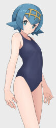 Rule 34 | 1girl, bare arms, blue eyes, blue hair, bright pupils, closed mouth, commentary request, creatures (company), flat chest, game freak, grey background, hairband, hiyoshipow, lana (pokemon), nintendo, no sclera, one-piece swimsuit, pokemon, pokemon sm, short hair, smile, solo, split mouth, swimsuit, white pupils, yellow hairband