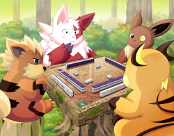 Rule 34 | :3, animal with heterochromia, bush, commentary request, creatures (company), daisangen, day, eevee, forest, full body, game freak, gen 1 pokemon, gen 3 pokemon, gloom (expression), grass, green eyes, growlithe, heterochromia, lako, leaf, mahjong, mahjong table, mahjong tile, nature, nintendo, no humans, outdoors, playing games, pokemon, pokemon (creature), raichu, sitting, table, tree, wooden table, zangoose