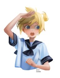 Rule 34 | 1boy, bishounen, blonde hair, blue eyes, clenched hand, commentary, english commentary, kagamine len, looking to the side, male focus, necktie, open mouth, sailor collar, sailor shirt, sei (sei-00), shirt, short hair, short sleeves, simple background, teeth, upper body, upper teeth only, vocaloid, white background