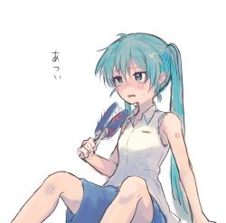 Rule 34 | 1girl, afterimage, ahoge, aqua eyes, aqua hair, arm support, bare arms, blue shorts, blush, commentary, fanning self, feet out of frame, furrowed brow, hatsune miku, highres, long hair, motion lines, n03+, open mouth, shirt, shorts, shoulder tattoo, simple background, sitting, sketch, sleeveless, sleeveless shirt, solo, sweat, tattoo, translated, twintails, very long hair, vocaloid, wavy mouth, white background, white shirt