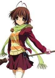 Rule 34 | 00s, 1girl, antenna hair, broom, brown eyes, brown hair, casual, clannad, furukawa nagisa, green scarf, highres, jacket, long hair, official art, open clothes, open jacket, scarf, skirt, solo, sweater, thighhighs, transparent background, zettai ryouiki