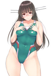 Rule 34 | 10s, 1girl, antennae, bifidus, black hair, choukai (kancolle), competition swimsuit, glasses, hands on own chest, kantai collection, long hair, one-piece swimsuit, red eyes, rimless eyewear, solo, swimsuit, wide hips