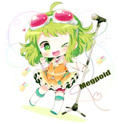 Rule 34 | &gt; o, 1girl, ;d, ahoge, bad id, bad pixiv id, belt, boots, brooch, character name, chibi, collared shirt, frilled skirt, frills, full body, goggles, goggles on head, green eyes, green hair, gumi, haru431, heart, highres, index finger raised, jewelry, microphone stand, one eye closed, open mouth, orange skirt, orange vest, shirt, short hair, skirt, smile, solo, sparkling eyes, star (symbol), thigh strap, vest, vocaloid, white legwear, wrist cuffs