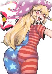 Rule 34 | 1girl, adapted costume, ass, blonde hair, bright pupils, clownpiece, from behind, hat, highres, jester cap, long hair, looking at viewer, looking back, neck ruff, no wings, nyong nyong, pink eyes, purple hat, sharp teeth, short sleeves, simple background, smile, solo, striped, teeth, tongue, tongue out, touhou, white background