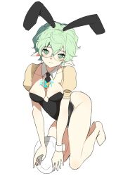 Rule 34 | 1girl, animal ears, barefoot, black bow, black bowtie, black leotard, bow, bowtie, breasts, cleavage, closed mouth, core crystal (xenoblade), fake animal ears, full body, glasses, green eyes, green hair, highres, holding, holding plate, leotard, medium breasts, pandoria (xenoblade), plate, playboy bunny, pointy ears, rabbit ears, short hair, simple background, stephanieh81080, strapless, strapless leotard, white background, wrist cuffs, xenoblade chronicles (series), xenoblade chronicles 2
