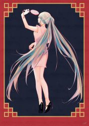 Rule 34 | 1girl, absurdres, arm up, bare arms, black footwear, bow-shaped hair, china dress, chinese clothes, dress, floating hair, framed, from behind, full body, hatsune miku, high heels, highres, long hair, pink dress, shaohua hatsune miku, short dress, side slit, silver hair, socks, solo, soyogi, standing, twintails, very long hair, vocaloid, white socks