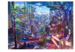 Rule 34 | 1girl, absurdres, barefoot, blue eyes, brown hair, day, fish, fuzichoco, highres, huge filesize, japanese clothes, kimono, looking at viewer, lying, on side, original, outdoors, scenery, see-through, short hair, solo