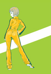 Rule 34 | 10s, 1girl, ass, bob cut, brown eyes, brown hair, bruce lee&#039;s jumpsuit, from behind, hand on own hip, hip focus, huang baoling, jumpsuit, looking back, nanboku, orange jumpsuit, shoes, short hair, smile, sneakers, solo, tiger &amp; bunny
