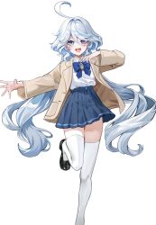 Rule 34 | 1girl, absurdres, ahoge, alternate costume, blue bow, blue bowtie, blue brooch, blue eyes, blue hair, blue skirt, blush, bow, bowtie, coat, dasha, furina (genshin impact), genshin impact, hair between eyes, heterochromia, highres, light blue hair, long hair, looking at viewer, multicolored hair, open clothes, open coat, open mouth, pleated skirt, revision, school uniform, sidelocks, simple background, skirt, smile, solo, standing, standing on one leg, streaked hair, teeth, thighhighs, upper teeth only, white background, white thighhighs