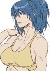 Rule 34 | 1girl, bare shoulders, blue eyes, blue hair, breasts, closed mouth, collarbone, large breasts, leona heidern, medium breasts, muscular, muscular female, ponytail, simple background, sketch, sleeveless, solo, tank top, the king of fighters, the king of fighters xv, white background, yasunososaku, yellow tank top
