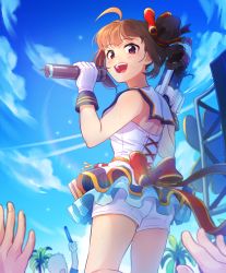 Rule 34 | 1girl, ahoge, arm up, back bow, blouse, blue sky, bow, cloud, cloudy sky, commentary, crowd, day, drill hair, gloves, glowstick, hair bow, hair ornament, hair scrunchie, holding, holding microphone, idol, idolmaster, idolmaster million live!, kamille (vcx68), looking at viewer, looking back, medium hair, microphone, music, open mouth, outdoors, palm tree, purple eyes, red bow, sailor collar, scrunchie, senkou hanabi dan (idolmaster), shirt, short shorts, shorts, side drill, side ponytail, sidelocks, singing, sky, sleeveless, sleeveless shirt, smile, stage, standing, sweat, tree, water gun, white gloves, white sailor collar, white shirt, white shorts, yokoyama nao