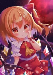 Rule 34 | 1girl, absurdres, arms behind back, ascot, blonde hair, blush, chibi, collared shirt, cowboy shot, crystal, flandre scarlet, frilled shirt collar, frilled sleeves, frills, full body, hand on own cheek, hand on own face, highres, looking at viewer, moon, multicolored wings, no headwear, one side up, outdoors, puffy short sleeves, puffy sleeves, red eyes, red moon, red ribbon, red skirt, red vest, ribbon, shirt, short sleeves, skirt, skirt set, sky, solo, star (sky), starry sky, touhou, vest, white shirt, wings, wrist ribbon, yellow ascot, yuyumaru (yuyuyuyuyuyu030)