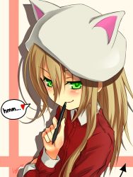Rule 34 | 1girl, animal ears, blush, brown hair, green eyes, hat, heart, holding, kerikaza, long sleeves, original, pen, red shirt, shirt, simple background, smile, solo, speech bubble, tail, talking, text focus, upper body, white background