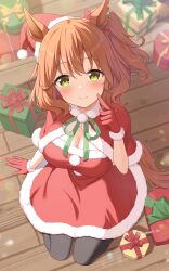 Rule 34 | 1girl, animal ears, arm at side, aston machan (umamusume), black pantyhose, blush, box, breasts, brown hair, capelet, christmas, cleavage, closed mouth, commentary request, dress, foreshortening, from above, fur-trimmed capelet, fur-trimmed dress, fur-trimmed gloves, fur trim, gift, gift box, gloves, green eyes, green ribbon, hat, highres, horse ears, horse girl, horse tail, indoors, kurumi lm, large breasts, long hair, looking at viewer, neck ribbon, pantyhose, pom pom (clothes), ponytail, red capelet, red dress, red gloves, ribbon, santa hat, sitting, smile, solo, tail, twitter username, umamusume, wariza, wooden floor