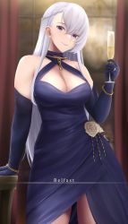 Rule 34 | 1girl, absurdres, azur lane, bare shoulders, belfast (azur lane), belfast (the noble attendant) (azur lane), blue dress, blue eyes, blue gloves, blush, breasts, broken, broken chain, chain, cleavage, criss-cross halter, cup, dress, drinking glass, eko.art, gloves, gold bracelet, gold chain, halter dress, halterneck, highres, large breasts, long hair, looking at viewer, official alternate costume, silver hair, smile, solo, swept bangs, thighs