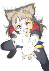 Rule 34 | 1girl, attack, black pantyhose, blonde hair, bright pupils, dragon ball, elbow gloves, emphasis lines, fingerless gloves, gloves, grey hair, hachikuji kenuta, highres, incoming attack, jacket, kamehameha (dragon ball), kemono friends, long hair, looking at viewer, motion blur, multicolored hair, necktie, open mouth, pantyhose, purple eyes, shoes, short sleeves, simple background, skirt, solo, son goku (kemono friends), standing, thighlet, tiara, two-tone hair, v-shaped eyebrows, white background, white pupils