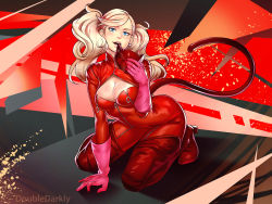 Rule 34 | 10s, 1girl, arched back, blonde hair, blue eyes, bodysuit, breasts, cleavage, double darkly, kneeling, long hair, mask, medium breasts, naughty face, persona, persona 5, smile, solo, takamaki anne, thigh boots, twintails