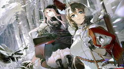 Rule 34 | 2girls, armored boots, artist request, ascot, battle rifle, black cape, black dress, blue eyes, bolt action, boots, brown hair, cape, closed mouth, combat helmet, dress, garter belt, garter straps, gauntlets, girls&#039; frontline, gloves, gun, gun on back, helmet, holding, holding gun, holding weapon, hood, hood up, kar98k (girls&#039; frontline), kar98k (mod3) (girls&#039; frontline), lee-enfield, lee-enfield (girls&#039; frontline), lee-enfield (mod3) (girls&#039; frontline), long hair, looking away, mauser 98, armored boots, mod3 (girls&#039; frontline), multiple girls, official art, open mouth, pink hair, promotional art, red cape, red eyes, rifle, scenery, sidelocks, snow, snow on tree, snowflakes, standing, thighhighs, tree, weapon, weapon on back, white ascot, white gloves, white hood, white thighhighs, white uniform, winter