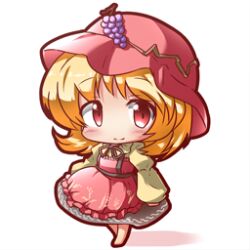 Rule 34 | 1girl, aki minoriko, apron, barefoot, black skirt, blonde hair, chibi, commentary request, food, fruit, fruit hat ornament, grape hat ornament, grapes, hat, juliet sleeves, long sleeves, lowres, medium hair, mob cap, puffy sleeves, red apron, red eyes, red hat, ryogo, shirt, skirt, smile, solo, touhou, yellow shirt