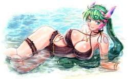 Rule 34 | 1girl, android, arm support, black one-piece swimsuit, blue eyes, blush, bracelet, breasts, capcom, casual one-piece swimsuit, cleavage, commentary request, female focus, frilled swimsuit, frills, green hair, headgear, huge breasts, jewelry, joints, kiwakiwa, lips, long hair, looking at viewer, lying, marino (mega man), mega man (series), mega man x: command mission, mega man x (series), necklace, on side, one-piece swimsuit, parted lips, partially submerged, ponytail, robot joints, smile, solo, sparkle, swimsuit, thigh strap, water