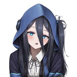 Rule 34 | 1girl, absurdres, aris (blue archive), black hair, blue archive, blue eyes, blue jacket, blush, collared shirt, commission, hair between eyes, highres, hood, hooded jacket, jacket, lobsteranian, long hair, long hair between eyes, long sleeves, looking at viewer, neck ribbon, open mouth, ribbon, ringed eyes, shirt, simple background, solo, white background, white shirt