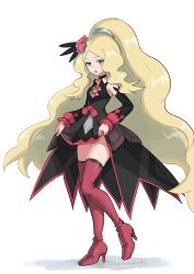 Rule 34 | 1girl, :o, absurdres, black dress, blonde hair, boots, caitlin (fall 2021) (pokemon), caitlin (pokemon), clothes lift, commentary request, creatures (company), detached sleeves, dress, dress lift, frills, game freak, gem, green eyes, hair ornament, high heel boots, high heels, highres, kakikuyeko3181, lifting own clothes, long hair, nintendo, official alternate costume, parted bangs, pokemon, pokemon masters ex, red footwear, red gemstone, red ribbon, ribbon, sidelocks, solo, standing, thigh boots